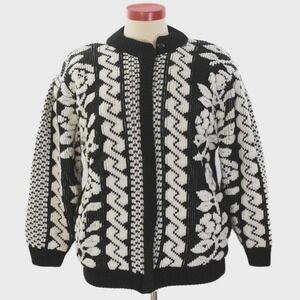 80s Vintage Floral Sweater Coat Womens 20W Quilted Lining Black & White Mod Geo